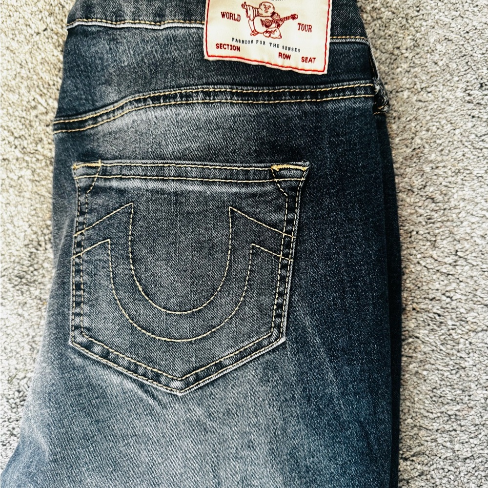 True Religion Women's Faded Dark Blue Boyfriend Jeans with Signature Pocket